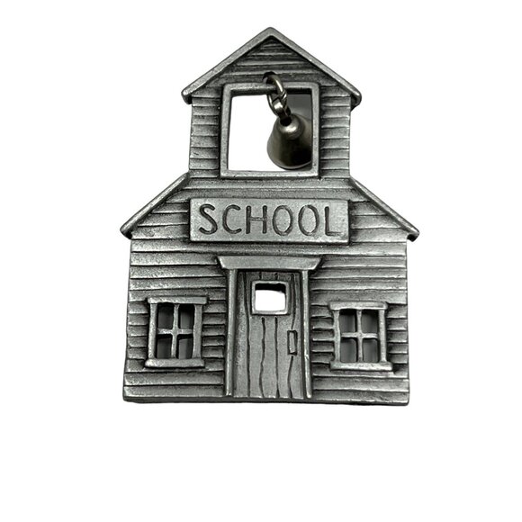 Vintage JJ School Brooch Pewter Tone Moveable Bell Old Schoolhouse Pin - Picture 7 of 8